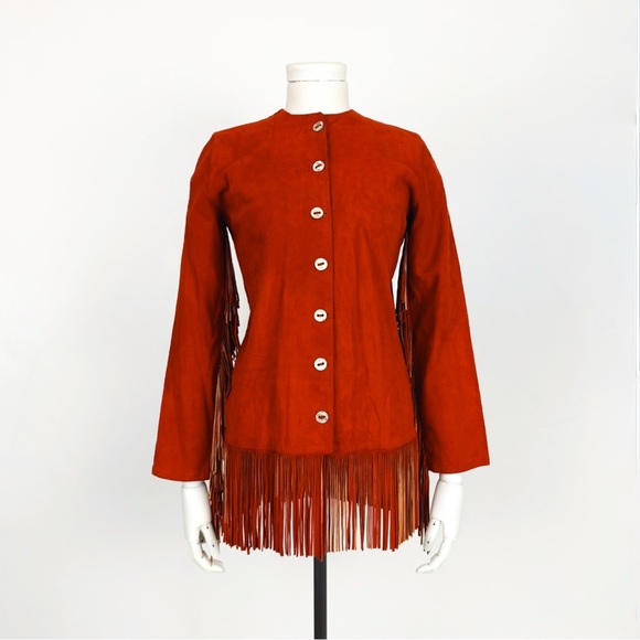 Vintage 90’s Fringe Trimmed Genuine Suede Leather Jacket in Mandarin Red Size 2 - Picture 2 of 10